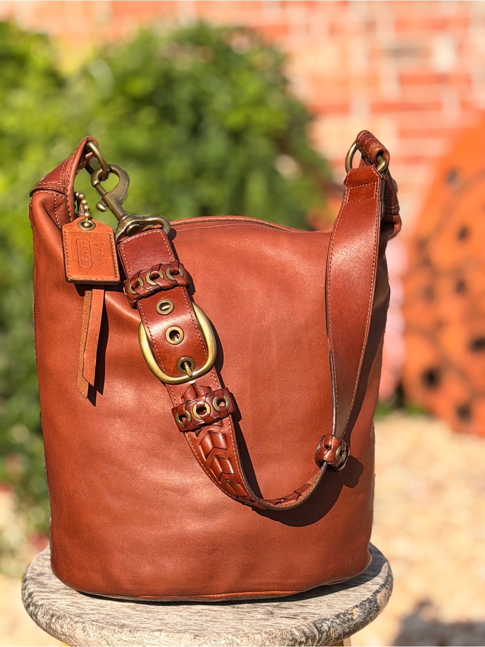 Vintage Y2K Coach #11423 Bleecker Tattersall Large Brown Whiskey Bucket Bag